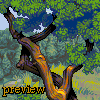 Pixelated tree with twisted brown trunk and green foliage against blue sky, yellow text reading 'preview' at bottom left.