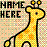 Pixelated icon shows yellow giraffe with black outline against pastel background, text "NAME HERE" in block letters above.