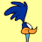 Pixelated blue and orange cartoon character with spiky hair, white eyes, and an orange lower body on a yellow background.