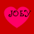 Four pink heart shapes on a red background, each containing the text JOBY in dark brown pixelated letters.