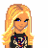 Pixelated cartoon-style buddy icon featuring a blonde female character with blue eyes and red lips, alongside stylized text elements on a white background.