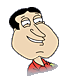 Animated cartoon character with large nose and black hair, wearing red shirt, smiling against gray background.