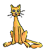 Animated cartoon cat with orange-yellow fur, black whiskers, and blue eyes in various poses including sitting upright, yawning widely, and stretching its body.