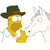 Pixelated character in green hat and yellow shirt stands beside white horse with gray mane, both facing right on white background.