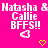Pixelated text on bright pink background with white and yellow heart symbols, displaying 'Natasha & Natasha & Callie BFFS!!' repeated twice.