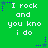 Green background with white pixelated text reading "I rock and you kno i do" repeated in a pattern, surrounded by blue star-shaped decorations