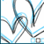 Pixelated abstract design with interwoven blue and gray lines on white background, featuring a central knot-like shape and scattered light blue fragments.