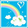 Pixelated icon with blue background, rainbow, white clouds, green sprouts, white stars, and heart outline.