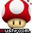 Red and white mushroom-shaped character with beige face, black eyes, and small red hearts above head; text 'mushroom.' below in pixelated font.