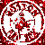 Three circular red-and-white patterned icons with central figures in dynamic poses, arranged in a on gray background