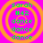 Four identical circular icons with orange concentric rings on a bright pink background, each displaying green text reading 'sarah', '#42', and 'dance' repeated three times.