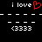 Black background displays two identical side-by-side pixel art compositions with white text and symbols, one featuring a red heart symbol replacing the 'o' in 'love'.