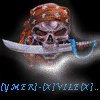 A pixelated skull with a bandana and sword in its mouth, showing two states: one with dark eyes and another with glowing red eyes.