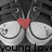 Pixelated icon shows a dark-furred animal face with large white eyes, a red heart-shaped nose, and two white circular cheeks, with partial text 'young love' at the bottom.