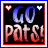 Pixelated graphic with 'GO Pats!' text, red and blue hearts at top corners, black background bordered by red and white frames.