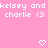 Pink background with repeated white text 'kelsey and kelsey and kelsey and charlie <3' and heart symbols, transitioning to a gray area at the bottom right.
