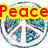 Four distinct peace symbol icons with 'Peace' text in various colors and styles, arranged in a