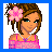 Pixelated cartoon-style buddy icon featuring a female character with brown hair and pink flower accessory on the left, next to blue background with pixelated text "ABERC ROMBIE BABE" on the right.
