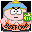 Pixelated character with light blue cap, pink body, and orange patterned lower half holding green gift box with yellow text.