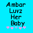 Pixelated text reads 'Ambar Luz Her Baby' above pink and light blue stars on a bright cyan background.