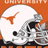 Pixelated image of a white helmet with orange longhorn symbol and gray football player in black-and-white uniform against orange background.