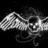 A grayscale pixelated image of a winged skull with glowing eyes and smoke effects, overlaid with green text reading "things dont turn out the way you want them to" on a black background.