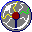 Circular icon with gray background, white and yellow lightning bolts, green lines, red center dot, blue stem, and blue border.