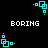 Pixelated cyan geometric shapes rotate around a central point beneath repeated 'BORING' text on black background.
