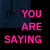 A 4-frame animated contact sheet showing pink pixelated text on a dark background with blue textured patches, presenting contrasting statements about love and hate.