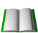 Animated sequence of an open book with green spine, pages flipping through various states from fully open to folded and back to flat.