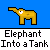 Yellow elephant and tank icons animate through five stages on blue background with gray text labels below each frame.