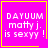 Four identical pink squares with yellow borders display text and small symbols, two with a yellow heart and two with a yellow star at bottom-right corners.