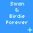 Blue background with repeated white text "Swan & Birdie Forever" in pixelated font, scattered light blue plus and star symbols.