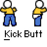 Animated contact sheet of a pixel art stick figure kicking another stick figure's butt across 10 frames with visible text "Kick Butt" under each frame.
