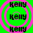 Green background with pink concentric circles surrounding repeated black text 'Kelly' in a pattern