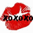 Red lips with white highlights and black text 'XOXO' across the center on a plain background.
