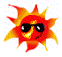 Four pixelated sun icons with orange-yellow rays, black sunglasses, and yellow smiles on gray backgrounds with light blue dots.