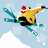 Pixelated figure in yellow jacket and red-and-white striped hat skis through light blue background with white cloud-like shapes.