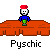 Pixelated character with red cap, blue shirt, green pants stands on orange platform with text bubbles changing across frames.