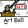 Animated contact sheet of a pixel art character at a desk with 'SETG' and 'Art Bell' text across multiple frames showing subtle animation changes.