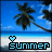 Pixelated beach scene with palm trees, blue sky, and ocean; text 'summer' with heart symbol below.