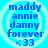 Four identical blue text on a bright cyan background, each displaying 'maddy annie danny forever <33' in a pixelated font with a light blue circular outline