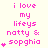 Pixelated pink text on light background reads 'i love my lifeys natty & sophia' with heart symbols appearing in sequence across observations.