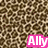 Pixelated brown and beige leopard print background with two pink text overlays reading 'Ally' in white lettering.