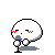 Pixelated white character with red blush marks holds a microphone, transitioning from closed eyes to a wide smile while emitting a small white sphere.