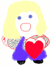 Pixelated cartoon figure with blonde hair, blue eyes, and open mouth holding a red heart that changes from blank to displaying 'Love' text.
