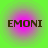 Four identical circular icons with green outer rings and pink inner gradients display the text 'EMONI' in dark brown pixelated letters.