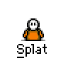 Animated contact sheet of a pixel art character in orange shirt with white head, showing 16 sequential frames including static poses, speech bubble text, and black vehicle-like objects on gray background.