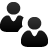 Two black silhouette figures with rounded heads and V-shaped collars on gray background, one larger figure positioned above and to the left of a smaller figure.