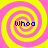 Four identical spiral patterns with yellow and pink concentric rings, each containing the word 'whoa' in blue pixelated text on a bright background.